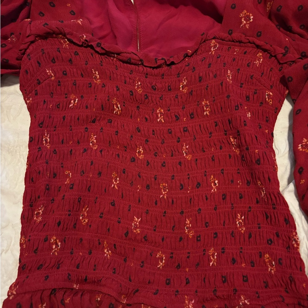 Free People Burgundy Red  Floral Smocked Long Sleeve Dress - Picture 8 of 9